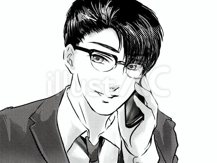 漫画爽やかイケメンメガネ会社員携帯通話 男性,メガネ,漫画のイラスト素材