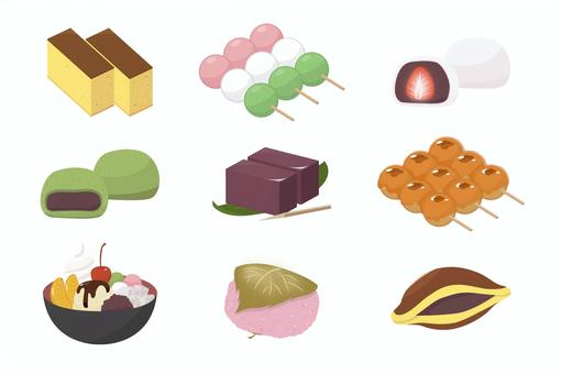 和菓子のイラストセット 和菓子,スイーツ,デザート,甘い,甘味,和,日本,伝統,お菓子,おやつのイラスト素材