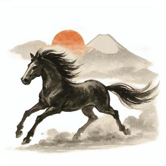 富士山と馬 富士山と馬 馬,午年,年賀状,午,干支,リアル,年賀状素材,年賀はがき,素材,2026年のイラスト素材
