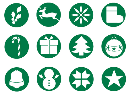 クリスマスモチーフのアイコンセット（緑） アイコン,クリスマス,モチーフ,雪だるま,もみの木,クリスマスツリー,雪,雪柄,ベル,ブーツのイラスト素材