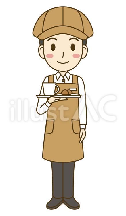 トレーを持ったカフェ店員の男性 カフェ店員,カフェ,店員のイラスト素材