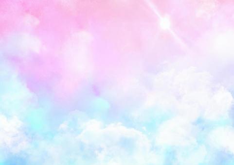 光が輝くファンタジーな空 ファンタジー,空,雲,ふわふわ,夢,かわいい,メルヘン,ピンク,パステルカラー,ネオンカラーのイラスト素材