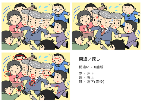 間違い探し - 脳トレ・ぶら下がり・取材 脳トレ,ぶら下がり,取材,インタビュー,政治家,記者,マスコミ,男性,女性,ゲームのイラスト素材