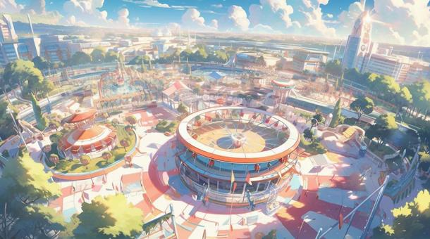 Illustration, theme park, sunny, building, 