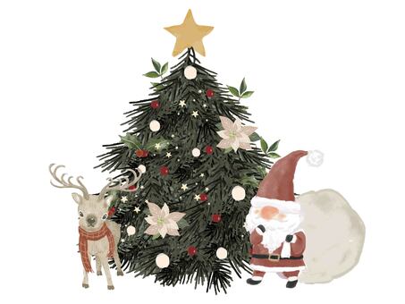 サンタとトナカイとツリー サンタクロース,サンタ,クリスマス,12月,プレゼント,トナカイ,クリスマスツリー,クリスマスイブ,冬,モミのイラスト素材