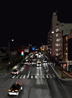 夜景 夜景 夜景,道路,交差点,自動車,信号機,標識,横断歩道,ビル,マンション,街灯のイラスト素材