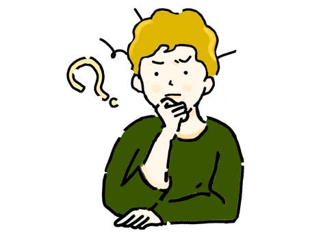 疑問を感じて混乱する若い男性ー緑① 疑問,はてな,混乱,不安,悩む,男性,若者,人物,手描き,挿絵のイラスト素材