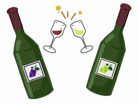 ワインの瓶とグラス ワイン,ワインボトル,グラス,ワイングラス,赤ワイン,白ワイン,ブドウ,白ブドウ,アルコール,乾杯のイラスト素材
