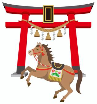 正月飾りの馬と鳥居(鹿毛)_25 正月飾りの馬と鳥居(鹿毛)_25 馬,午年,年賀状,午,干支,リアル,年賀状素材,年賀はがき,素材,2026年のイラスト素材