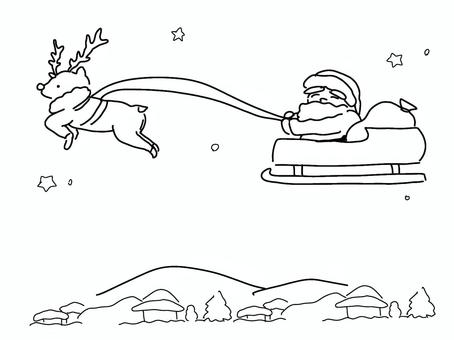 空駆けるトナカイとサンタのソリ 線画 クリスマス,トナカイ,サンタクロース,そり,星空,ゆるかわのイラスト素材