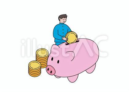 豚の貯金箱にコインを入れる男子学生