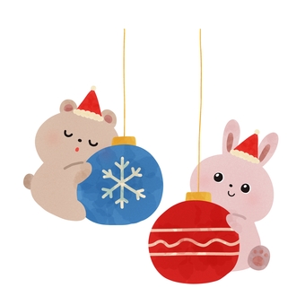クリスマスオーナメントとくまうさ クリスマス,オーナメント,くま,うさぎ,動物,サンタ,帽子,絵本,可愛い,ゆるいのイラスト素材