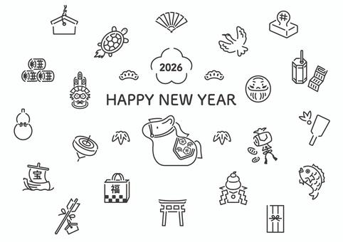 2026年のモノクロお正月アイコンセット 午年,お正月,2026年,1月,馬,年始,新年,元旦,縁起物,冬のイラスト素材