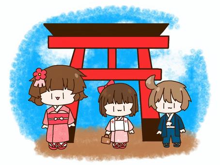 七五三　イメージイラスト 七五三,イメージ,男の子,女の子,着物,袴,鳥居,千歳飴,行事,笑顔のイラスト素材