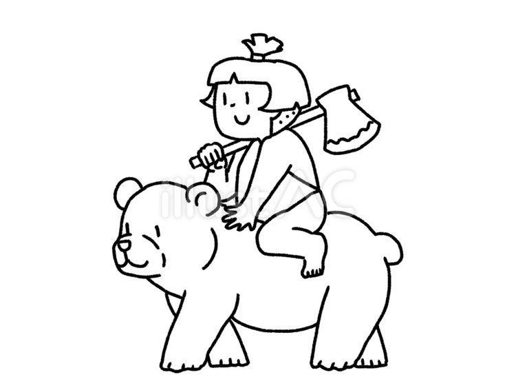 【白黒】金太郎【線画】 熊,金太郎,まさかりのイラスト素材