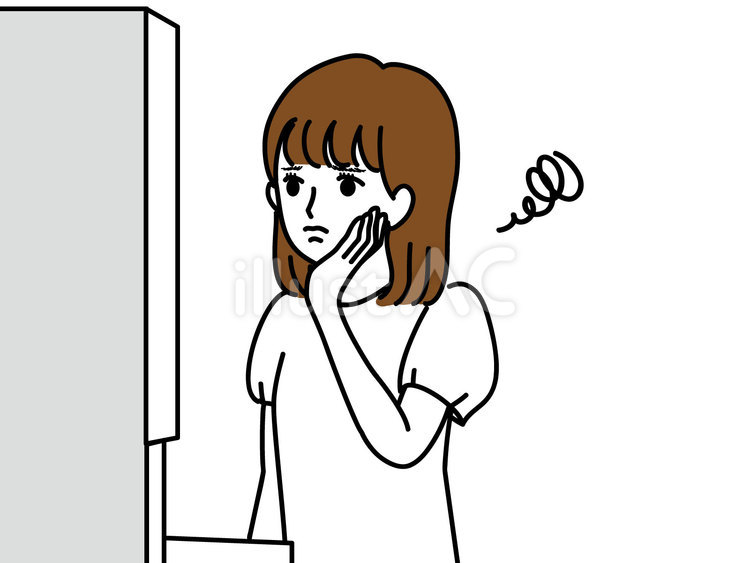 洗面台の鏡で顔色をチェックしてへこむ女性 チェック,顔,鏡のイラスト素材