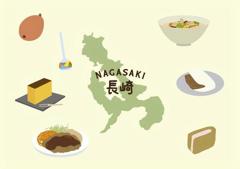 長崎イラストセット 長崎,ビワ,カステラ,ちゃんぽん,ビードロ,角煮まん,トルコライス,ハトシ,地図,ご当地のイラスト素材
