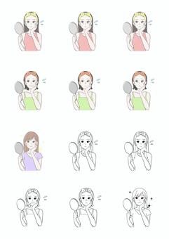 肌に悩む鏡を見る女性イラストセット 女性,手鏡,ほうれい線,口元,クマ,目元,しわ,毛穴,そばかす,ニキビのイラスト素材