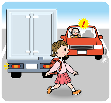 危険！停車中の車の後ろから【交通安全】 人物,小学生,子ども,児童,少女,女の子,女子,ランドセル,かわいい,車のイラスト素材