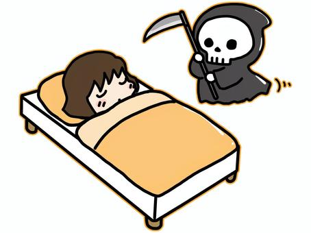 寝ている女の子に近寄る死神2 死神,寝る,女の子,人物,ベッド,就寝,すやすや,近付く,近寄る,危機のイラスト素材