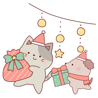 クリスマスプレゼントを持った猫犬 クリスマス,プレゼント,犬,猫,動物,イルミネーション,ライト,ガーランド,サンタ,帽子のイラスト素材