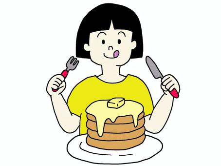 パンケーキ パンケーキ,ホットケーキ,おやつ,バター,はちみつ,子供,女の子,フォーク,ナイフ,おいしいのイラスト素材