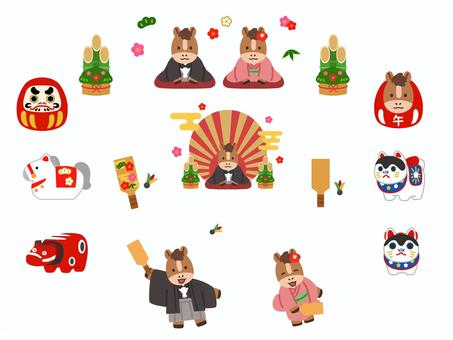 お正月午年セット 午,干支,午年,正月,年賀状,セット,馬,挨拶,お辞儀,門松のイラスト素材