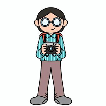カメラを持った眼鏡の男性 男性,カメラ,撮影,写真,メガネ,シャツ,リュック,カメラマン,観光,眼鏡のイラスト素材