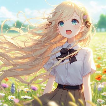 花畑で青空を見上げる少女