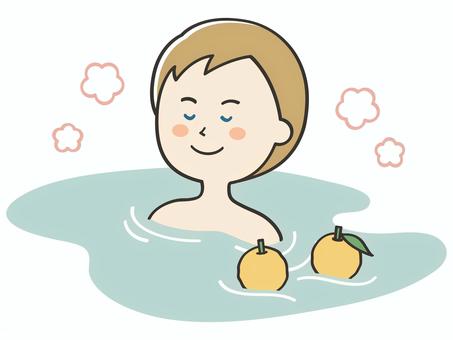 柚子風呂に浸かる白人男性 柚子風呂,温泉,銭湯,お風呂,風呂,入浴,露天風呂,湯船,浸かる,リラックスのイラスト素材