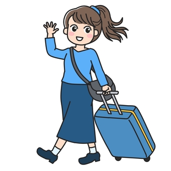 キャリーバックで観光・帰省する女の子 キャリーバッグ,帰省,スーツケース,キャリーケース,トランク,荷物,旅行かばん,運搬,移動,歩行のイラスト素材