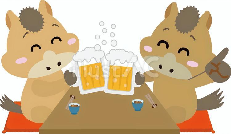 新年会・宴会を楽しむ馬たちの乾杯！ 乾杯,ビール,宴会のイラスト素材