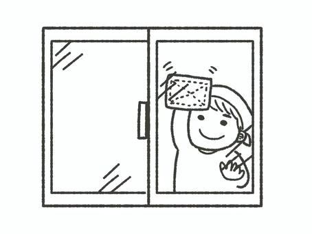 窓ふきをする男の子(線画/透過) 窓,窓ふき,大掃除,掃除,子ども,男の子,年末,清掃,労働,働くのイラスト素材