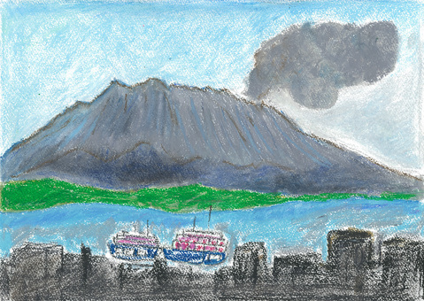 桜島03 桜島,噴煙,パステル画,山,海のイラスト素材