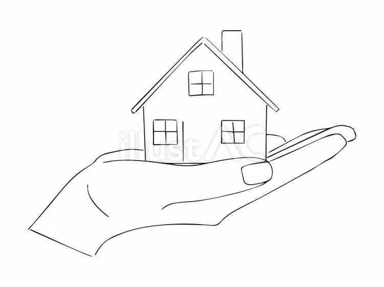 モノクロの手の平に乗せたお家の模型 手の平,家,戸建てのイラスト素材