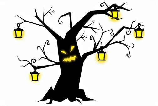 ハロウィンのオバケの木とランプ★透過あり ハロウィン,helloween,木,ランプ,シルエット,オバケ,ゴースト,枝,植物,枯れ木のイラスト素材