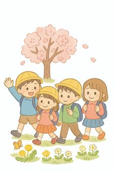 桜の下を歩く子供たち