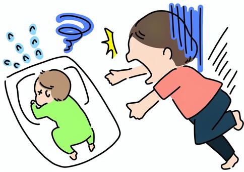うつ伏せ赤ちゃんにびっくり女性　カラー 赤ちゃん,びっくり,女性,窒息,うつ伏せ,危険,カラーのイラスト素材