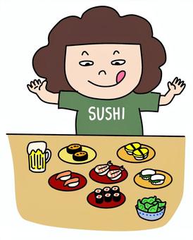 お寿司を一気に頼む女性 回転寿司,寿司,鮨,握り,軍艦,ビール,枝豆,うに,卵,サーモンのイラスト素材