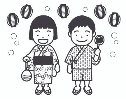 夏祭りでの子供　モノクロ 夏祭り,子供,浴衣,甚平,水ヨーヨー,ヨーヨー風船,りんご飴,提灯,男の子,女の子のイラスト素材