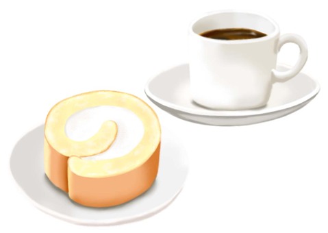 ロールケーキとシンプルなカップのコーヒー ロールケーキ,洋生菓子,おやつ,コーヒー,甘い,食べ物,美味しい,スイーツ,喫茶,カフェのイラスト素材