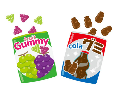 フルーツのグミとコーラのグミ グミ,コーラ,フルーツ,ブドウ,マスカット,商品,パッケージ,袋,ゼラチン,お菓子のイラスト素材