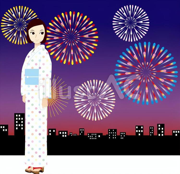 花火大会　浴衣　女性　人物 女性,全身,花火のイラスト素材