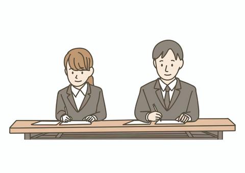 試験を受けるスーツ姿の男女のイラスト 試験,テスト,筆記試験,試験会場,就職活動,就活,スーツ,ビジネス,ビジネスマン,ビジネスウーマンのイラスト素材