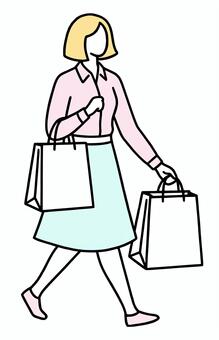 買い物をする女性の全身線画イラスト ショッピング,買い物,セール,バーゲン,女性,紙袋,線画,消費,持つ,購入のイラスト素材