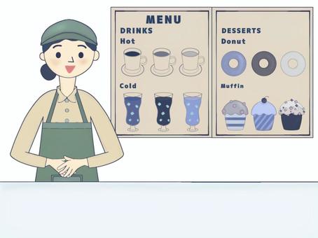 カフェで注文を受ける店員2 カフェ店員,人物,接客,おしゃれ,帽子,エプロン,バリスタ,サービス業,制服,ブラウスのイラスト素材