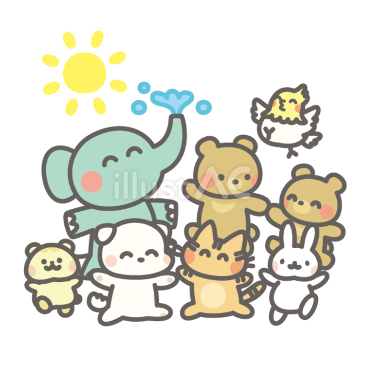 太陽の下で楽しく遊ぶ動物たち 夏休み,動物,クマのイラスト素材