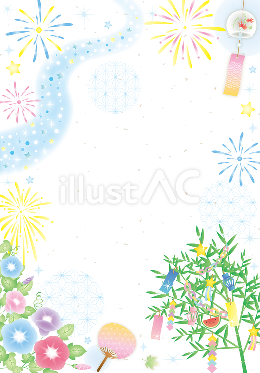 七夕と花火の和風カード（たて） 七夕,夏,天の川のイラスト素材