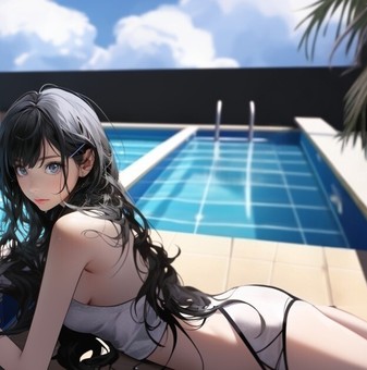 プールでくつろぐ女性