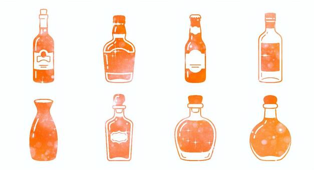 キラキラ輝くガラス瓶のアイコン 瓶,ボトル,お酒,酒,飲料,飲み物,セット,アイコン,水彩,オレンジのイラスト素材